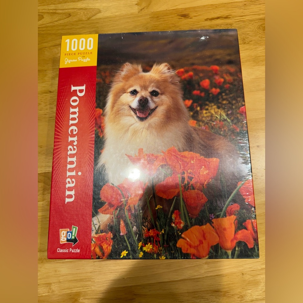 Pomeranian Dog Puzzle with Orange Flowers. New